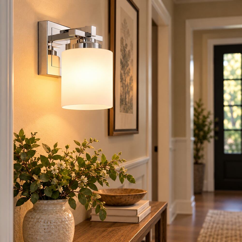 Chrome Vanity Wall Sconce – Milky White Glass Shade Modern Light